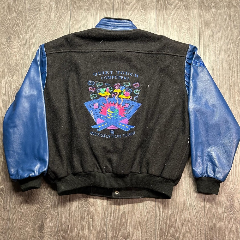 Vintage Quiet Touch Computers Integration Team Wool Leather Bomber Jacket Blue L